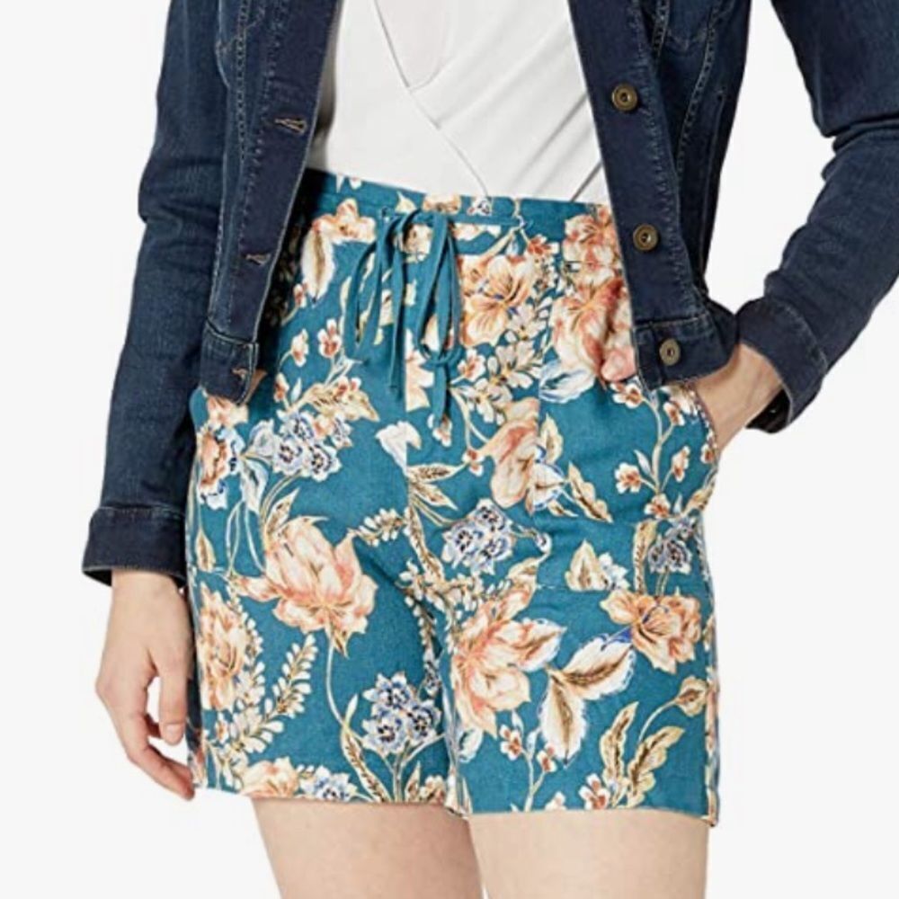 Johnny Was Work Shop Linen Floral Casual Shorts Blue Size L